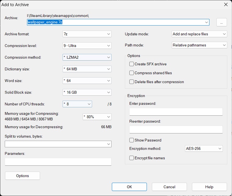 7Zip archive creation options