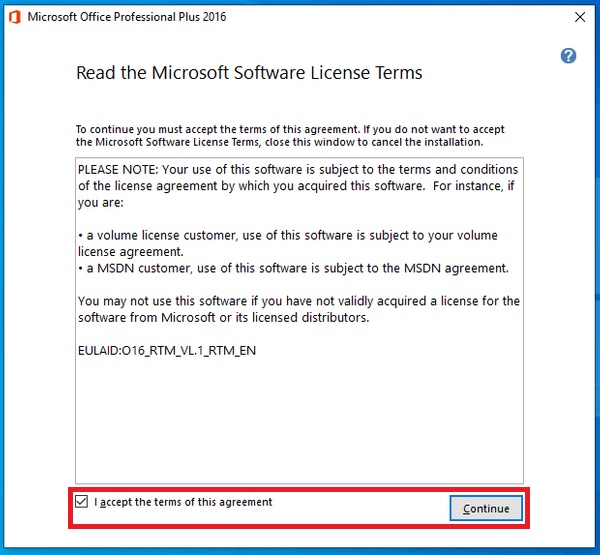 Agreeing to the terms of service to install Office 2016
