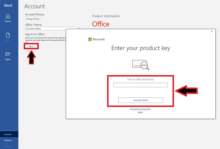 Entering license key to activate Office 2016 from MS Word