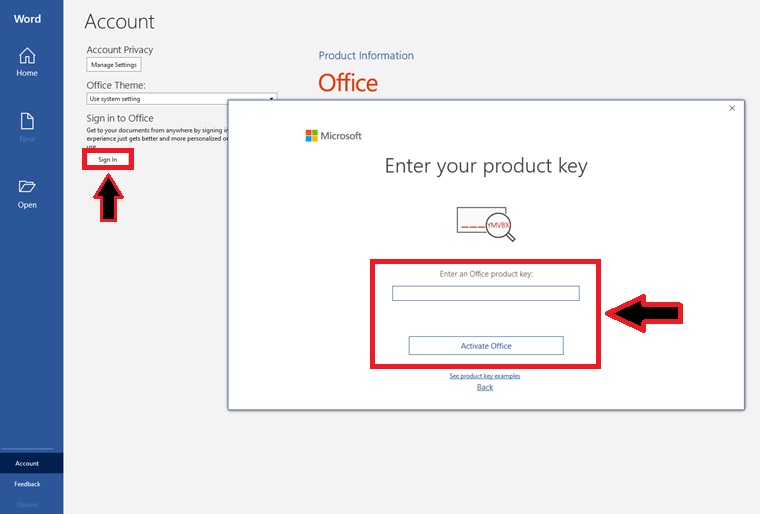 Entering Product key to activate Office 2019 from MS Word