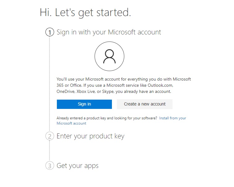 Entering product key to activate Office 2019 from Microsoft's homepage.