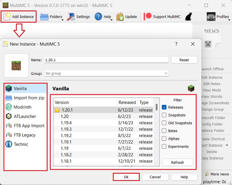 Creating an instance in MultiMC