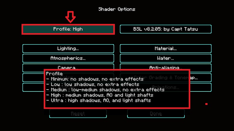 Selecting BSL shader preset profile via the shader options