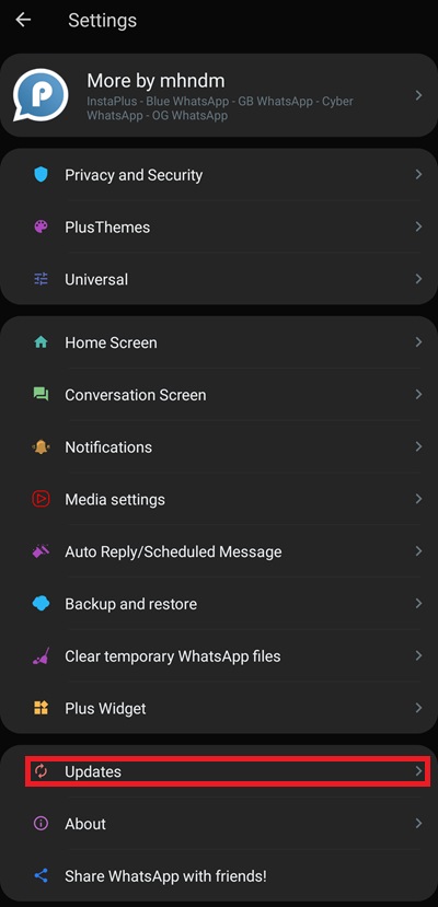 Blue WhatsApp Plus Updates option