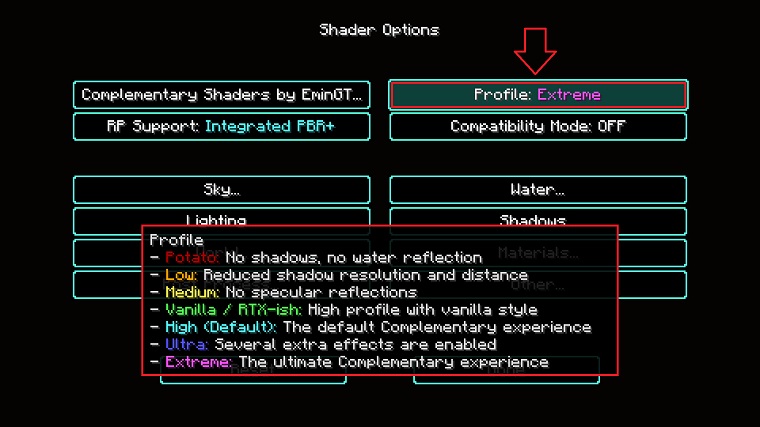 Complementary Shaders Options Menu inside Minecraft Video Settings