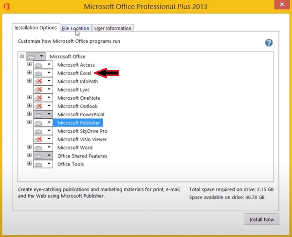 Select MS Excel 2013 to install as a standalone app
