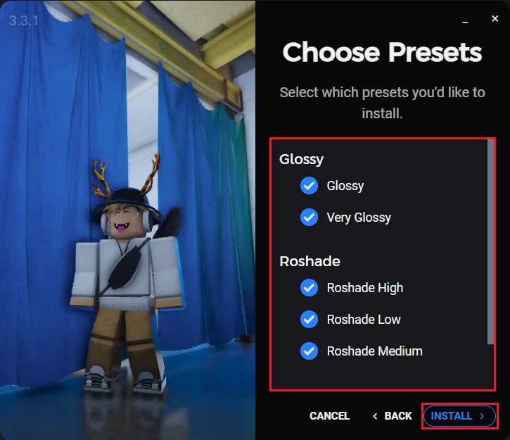 Choosing presets to install in RoShade Setup