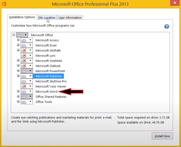 Selecting just MS Word 2013 for installation 