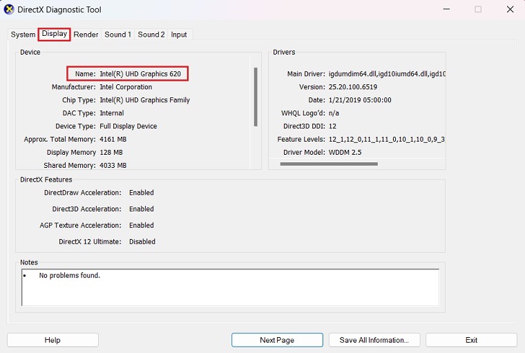 Detecting GPU name via DirectX Diagnostic Tool for DX12