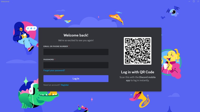 Discord PC App sign in screen