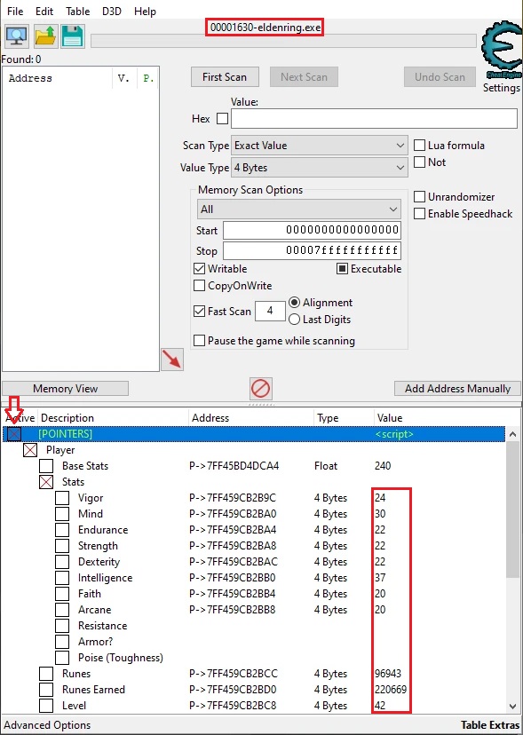 Selecting Elden Ring process in Cheat Engine 