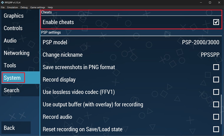 Enabling cheats from the PPSSPP settings