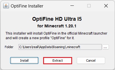 Extracting OptiFine to install in MultiMC.