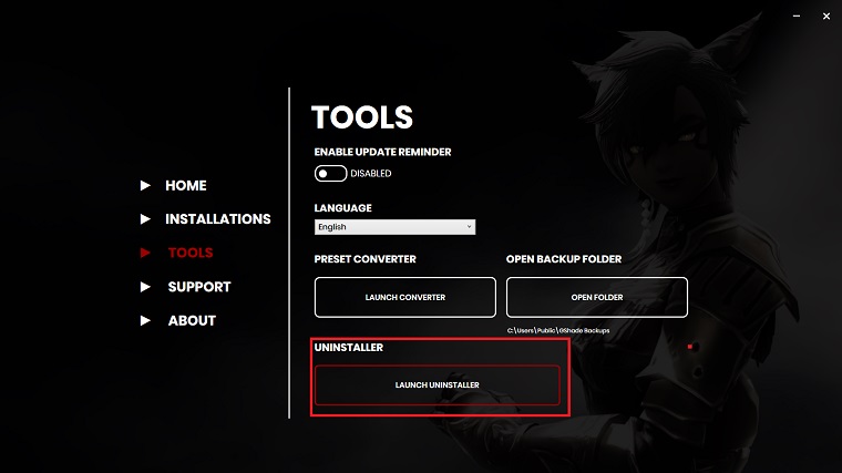 GShade's built-in uninstaller in GShade Control Panel 