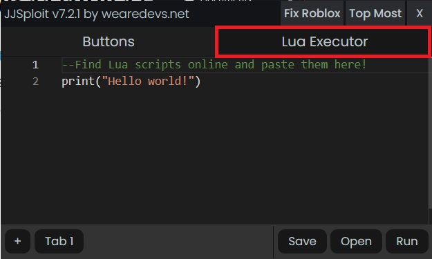 Executor Lua Script Executor Window in JJSploit