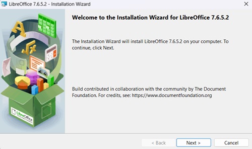 LibreOffice setup beginning launch screen