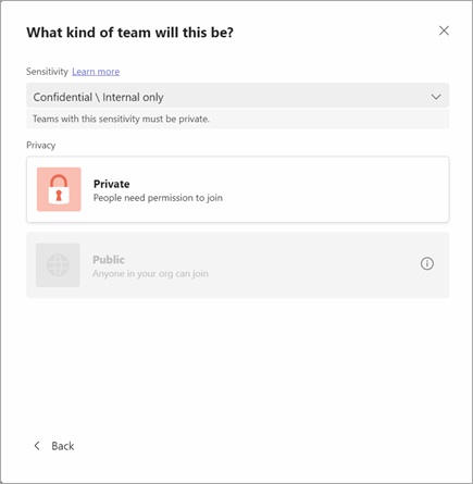 Selecting team privacy type during team creation