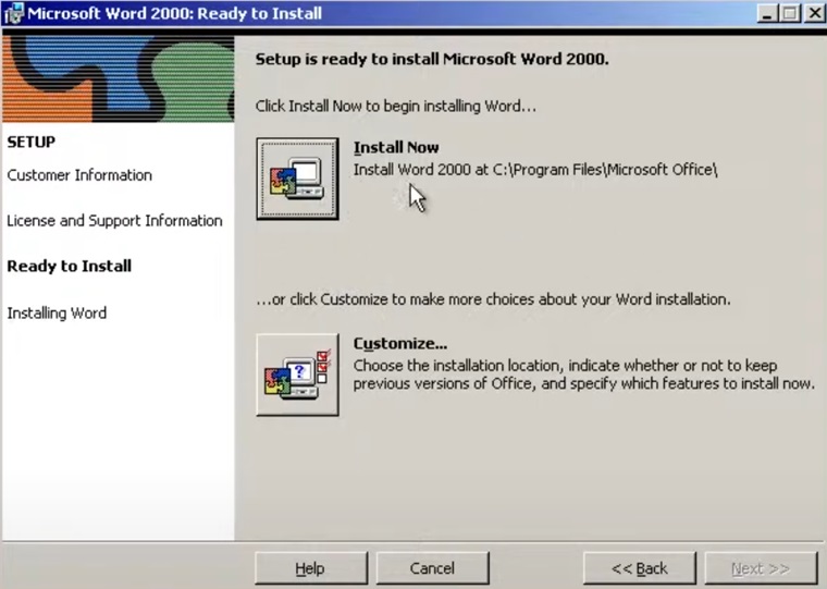 Microsoft Office 2000 choosing installation type and where the it will be installed.