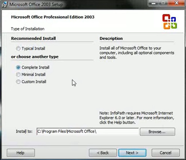 Microsoft Office 2003 choosing installation type and where the it will be installed.