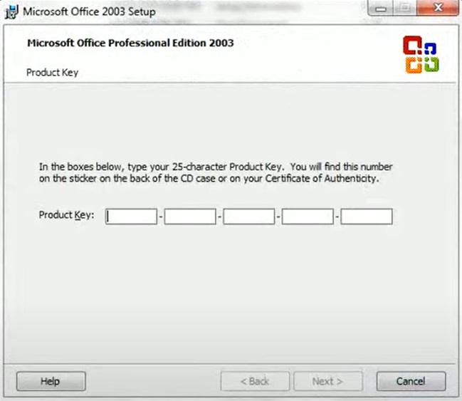 MS Office 2003 setup activation step, Product Key entering boxes. 