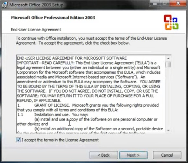 Microsoft Office 2003 setup. Terms of License Agreement step.