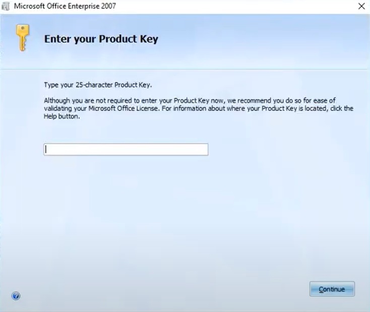 Microsoft Office 2007 product key entering activation step during setup 