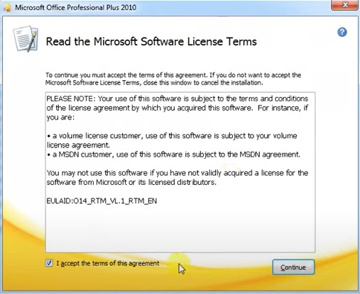 Microsoft Office Pro Plus 2010 Terms of Agreement step