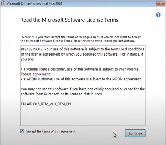 Office 2013 Terms of Agreement step during installation