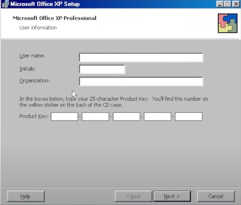 MS Office XP setup activation step, Product Key entering boxes. 