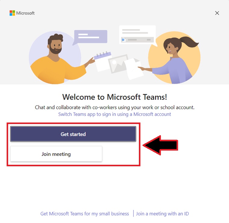 MS Teams login or join a meeting window