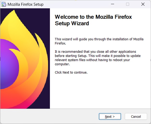 Mozilla Firefox offline installer start screen