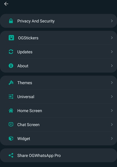 OG WhatsApp Settings menu