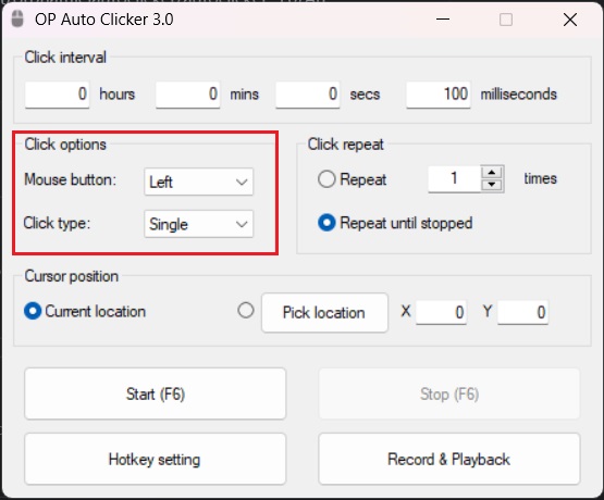 OP Auto Clicker settings menu pic 2