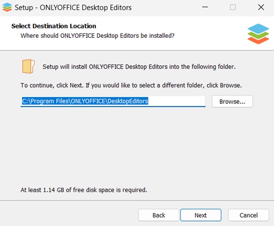 OnlyOffice installation location selection step