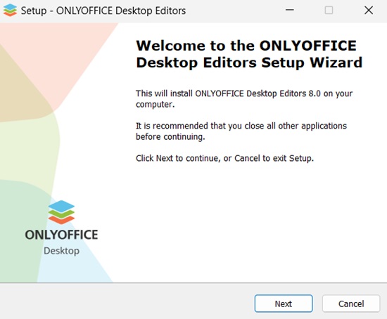 OnlyOffice installation wizard start screen