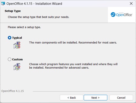 OpenOffice installation type selection