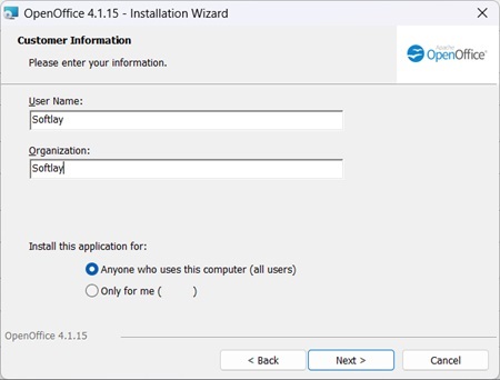 OpenOffice installation username and organization selection step