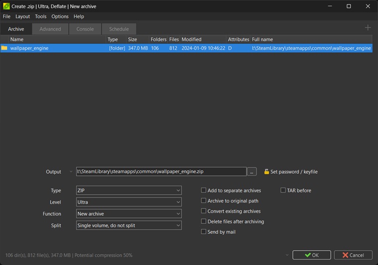 PeaZip compression test archive options selection step