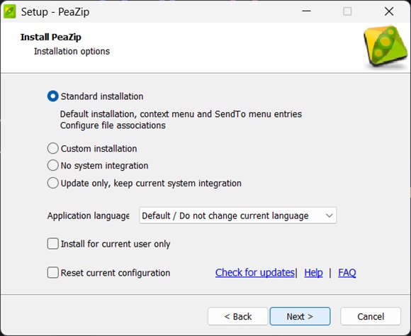 PeaZip installation customization during setup