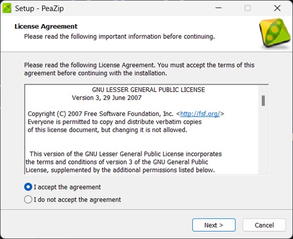 PeaZip setup ToS agreement step