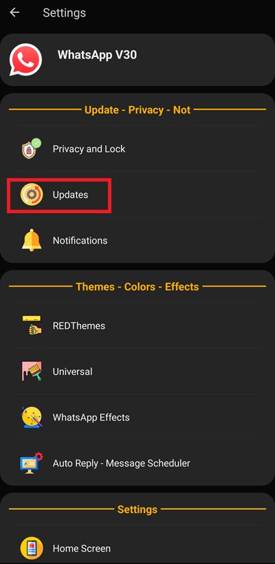 Updates option in Red WhatsApp