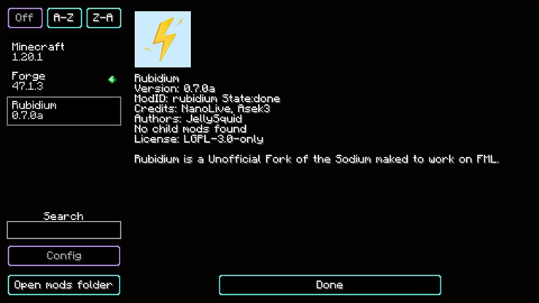 Rubidium Minecraft Mod in the Mods menu.