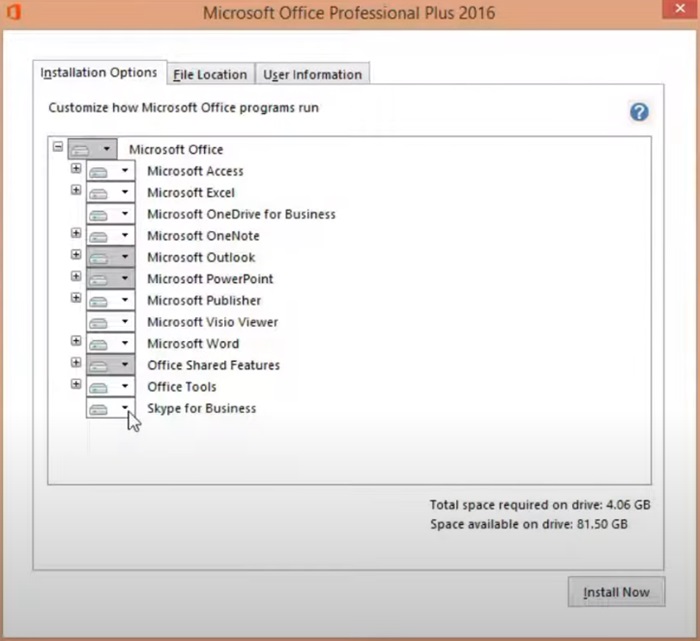 Selecting Microsoft Excel to be installed as a standalone app via the Office 2016 setup