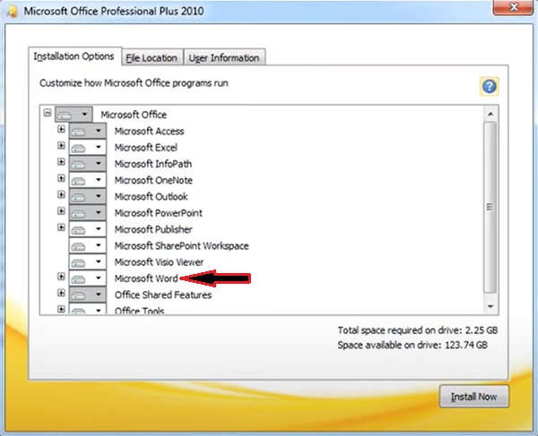 Microsoft Office Pro Plus 2010 customizing which apps 