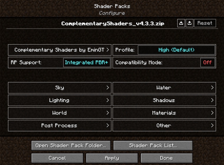 Individual Shader Pack settings 