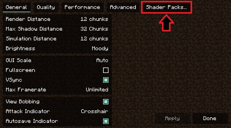 Shader packs option inside Minecraft video settings for Iris Shaders