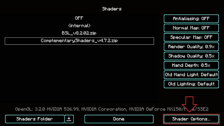 Shader Options button inside Minecraft Video Settings