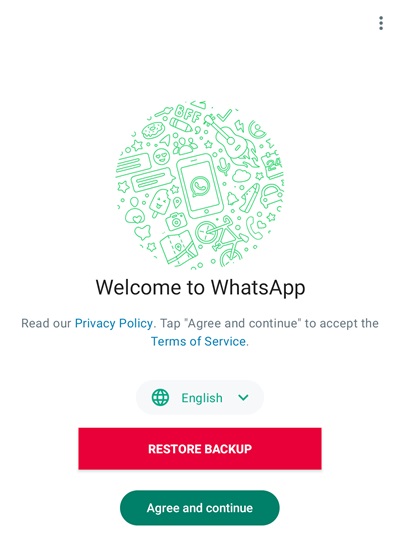 OG WhatsApp first time launch and app setup screen