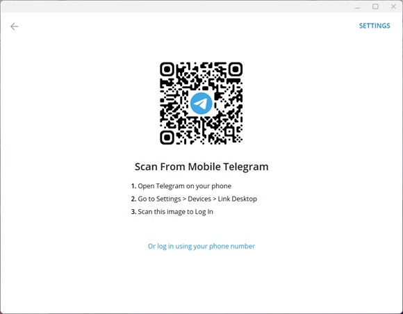 Telegram Desktop sign in via phone number or QR code 