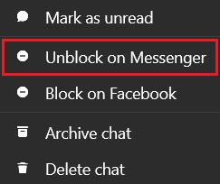 Facebook messenger PC app unblocking users option